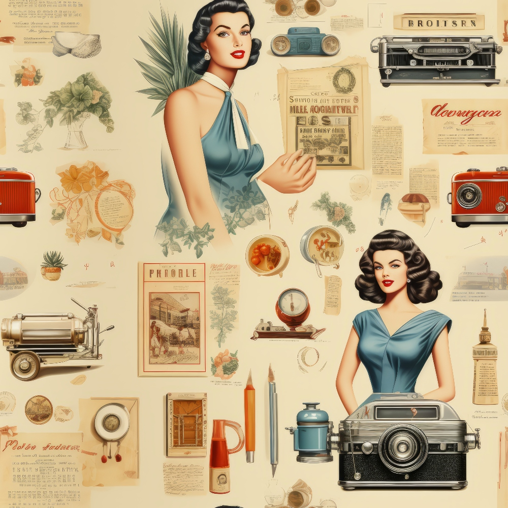 cream background, vintage ladies, pin-up style, blue dresses, red lipstick, dark hair, retro cameras, old radios, botanical illustrations, vintage postcards, antique objects, 1950s aesthetic, nostalgic collage, beige tones, rust orange, muted colors,, fabric panel, retro memorabilia, mid-century modern