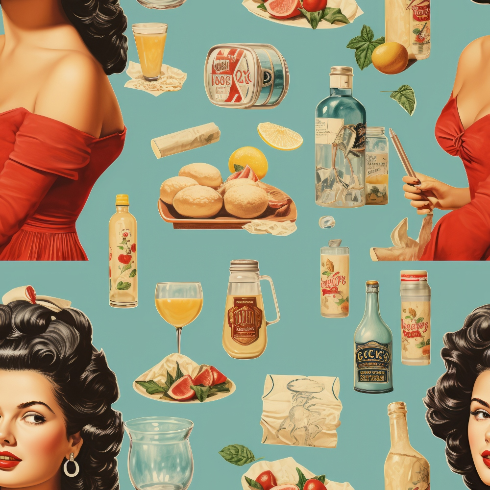 turquoise blue, coral red, vintage women, pin-up style, retro bottles, citrus fruits, bread rolls, wine glasses, mason jars, food illustrations, 1950s aesthetic, mid-century modern, kitchen items, beverage bottles,, fabric panel, nostalgic mood, vintage advertising, scattered pattern, culinary theme