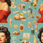 turquoise blue, coral red, vintage women, pin-up style, retro bottles, citrus fruits, bread rolls, wine glasses, mason jars, food illustrations, 1950s aesthetic, mid-century modern, kitchen items, beverage bottles,, fabric panel, nostalgic mood, vintage advertising, scattered pattern, culinary theme
