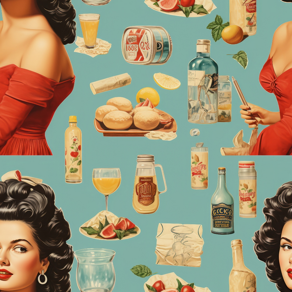 turquoise blue, coral red, vintage women, pin-up style, retro bottles, citrus fruits, bread rolls, wine glasses, mason jars, food illustrations, 1950s aesthetic, mid-century modern, kitchen items, beverage bottles,, fabric panel, nostalgic mood, vintage advertising, scattered pattern, culinary theme