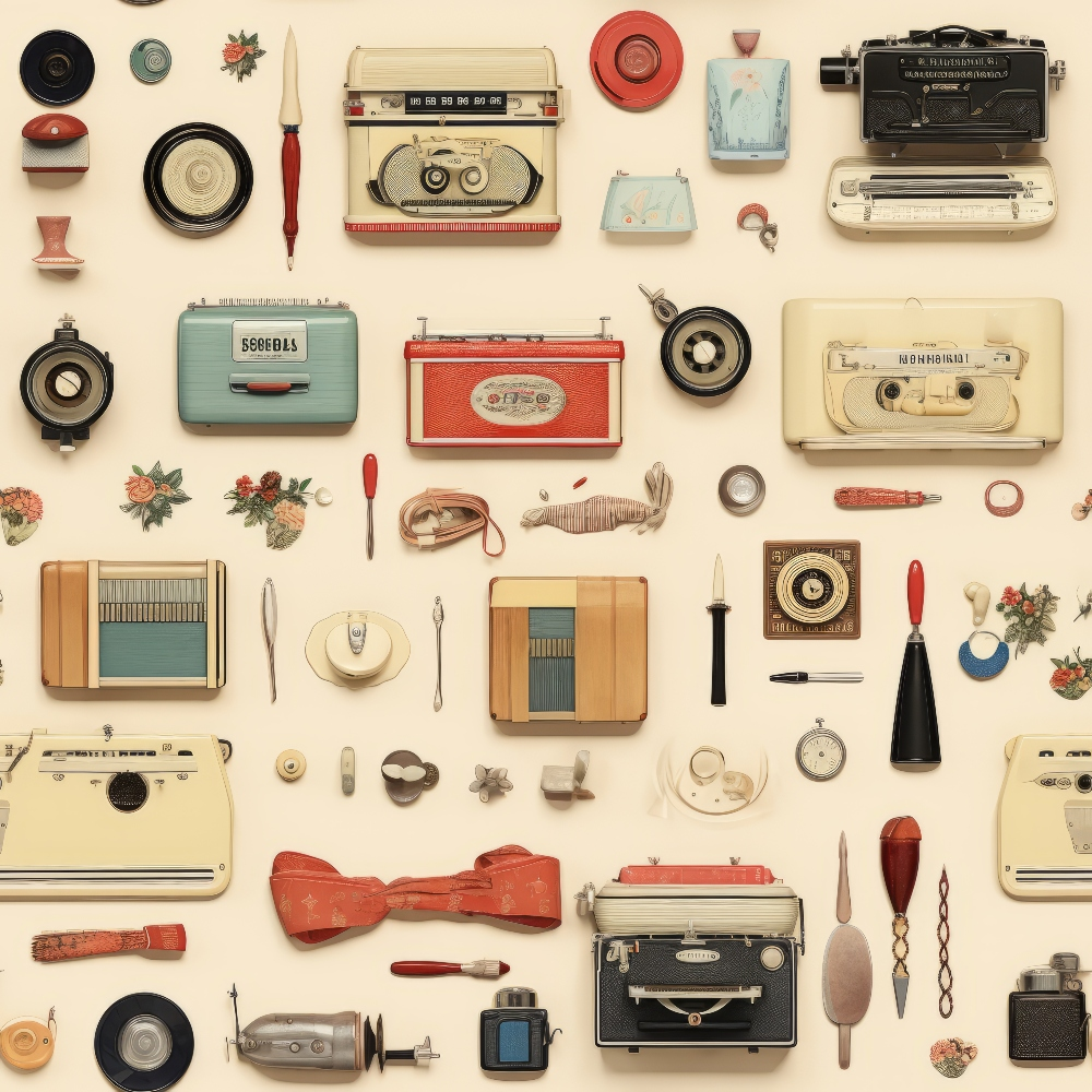 vintage objects, retro electronics, cream background, beige tones, red accents, coral colors, sage green, dusty blue, antique radios, old cameras, typewriters, cassette tapes, vinyl records, kitchen utensils, nostalgic items, mid-century modern,, fabric panel, scattered arrangement, flat lay design
