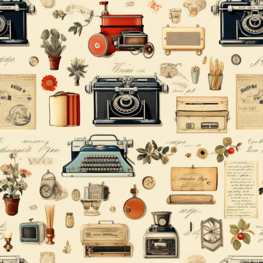 beige background, cream colored, vintage cameras, typewriter, radio, potted plants, botanical elements, antique objects, nostalgic items, retro style,, fabric panel, old books, floral accents, vintage electronics, collectibles pattern, sepia tones, brown accents, orange details, memorabilia design