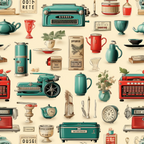vintage appliances, turquoise, teal, coral red, cream background, retro kitchen items, typewriter, coffee pot, teapot, radio, clock, espresso machine, seamless repeat, nostalgic illustrations, mid-century modern,, fabric panel, antique objects, kitchen utensils, household items