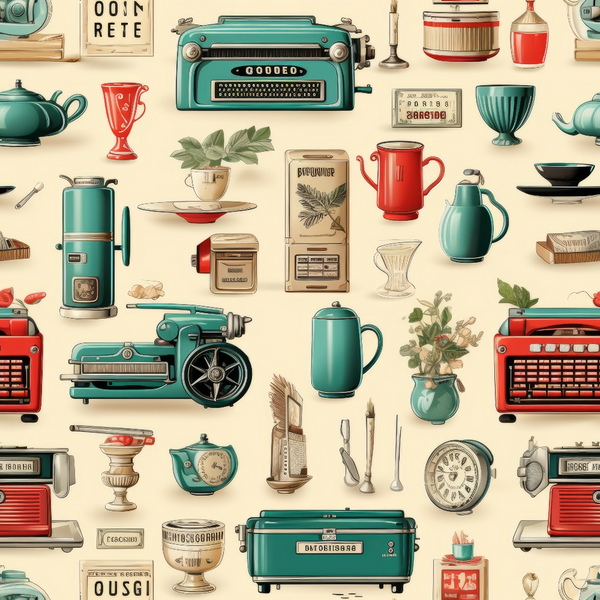 vintage appliances, turquoise, teal, coral red, cream background, retro kitchen items, typewriter, coffee pot, teapot, radio, clock, espresso machine, seamless repeat, nostalgic illustrations, mid-century modern,, fabric panel, antique objects, kitchen utensils, household items