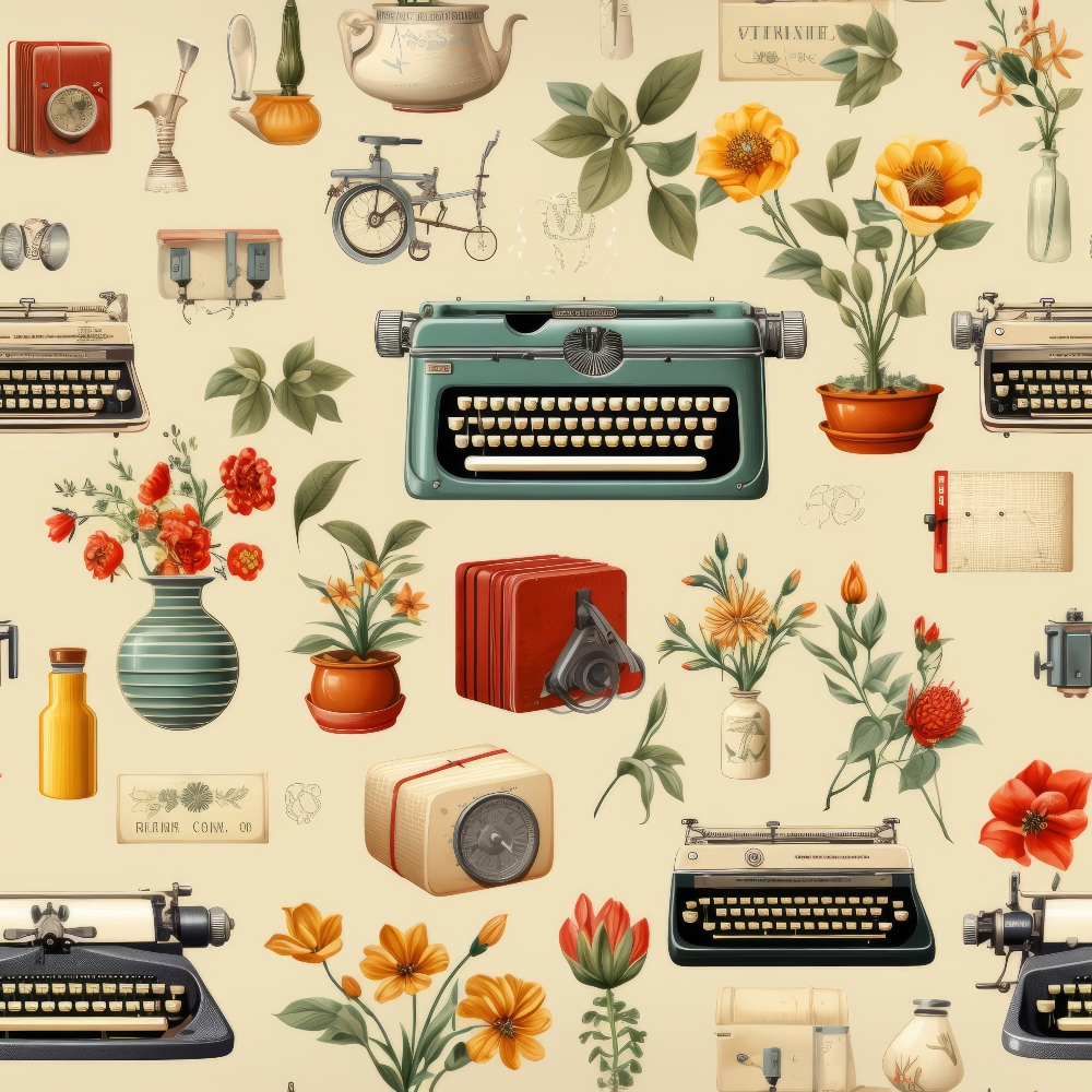 vintage typewriters, antique objects, botanical flowers, orange blooms, red carnations, yellow bottles, potted plants, green leaves, retro radios, old cameras, beige background, nostalgic items,, fabric panel, warm colors, coral red, sage green, amber yellow, vintage illustration style, collectible items