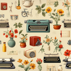 vintage typewriters, antique objects, botanical flowers, orange blooms, red carnations, yellow bottles, potted plants, green leaves, retro radios, old cameras, beige background, nostalgic items,, fabric panel, warm colors, coral red, sage green, amber yellow, vintage illustration style, collectible items