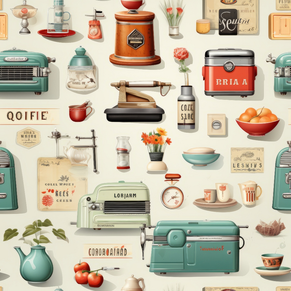 vintage kitchen appliances, retro cookware, mint green, coral red, cream background, antique utensils, coffee makers, mixing bowls, kitchen tools, nostalgic illustrations,, fabric panel, mid-century style, cooking equipment, household items, detailed artwork, warm color palette, kitchenware collection, crafting fabric, sewing material