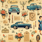 teal blue, coral orange, cream background, vintage cars, floral bouquets, roses, woman figure, antique objects, candlesticks, vases, butterflies, botanical elements, vintage ephemera, retro style, nostalgic mood,, fabric panel, 1940s aesthetic, mid-century design