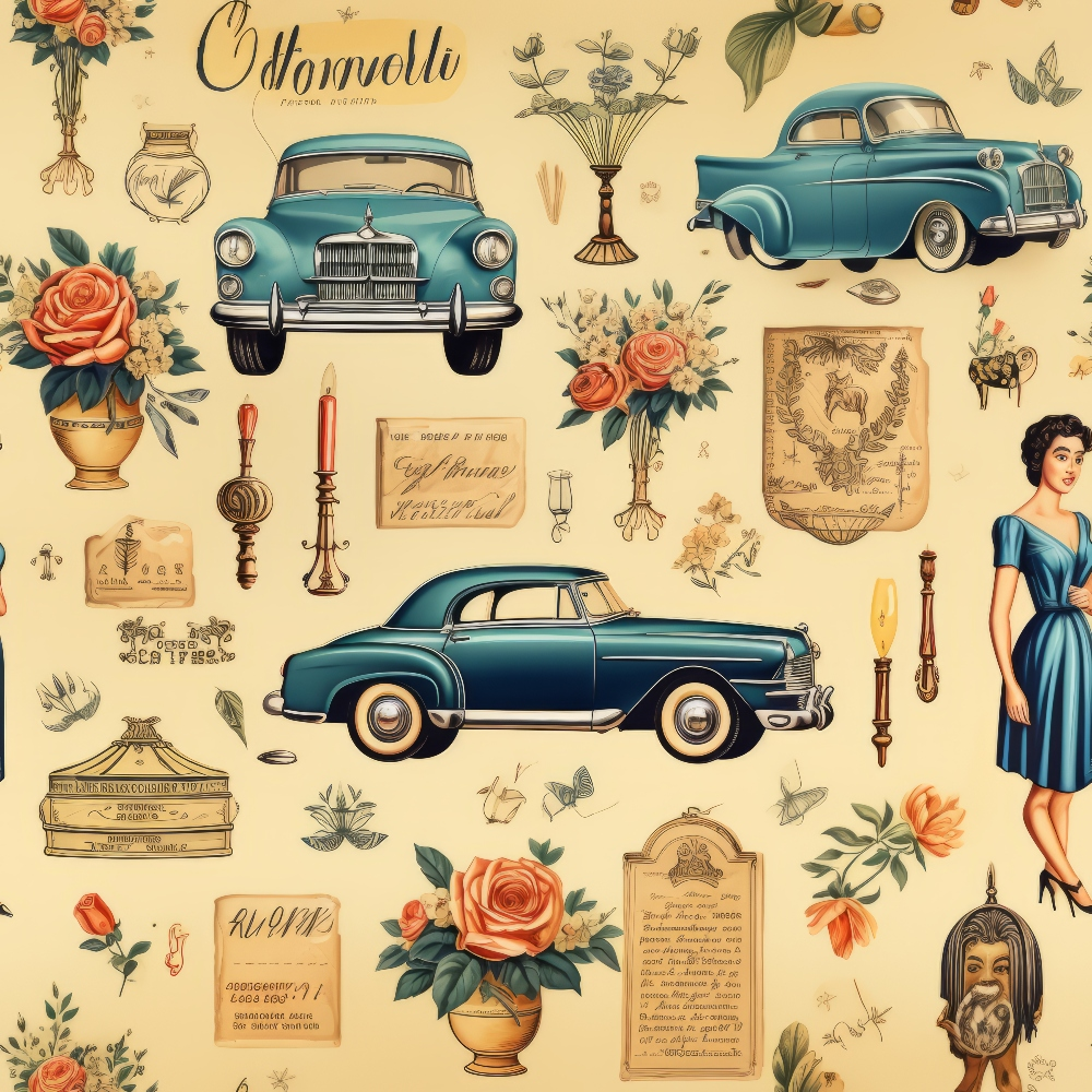 teal blue, coral orange, cream background, vintage cars, floral bouquets, roses, woman figure, antique objects, candlesticks, vases, butterflies, botanical elements, vintage ephemera, retro style, nostalgic mood,, fabric panel, 1940s aesthetic, mid-century design