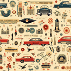 vintage cars, red automobiles, blue vehicles, cream background, retro patterns, mid-century modern, nostalgic imagery,, fabric panel, antique motifs, geometric shapes, decorative elements, botanical designs, architectural buildings, compass roses, vintage emblems, warm color palette, collectible themed, repetitive pattern, crafting material