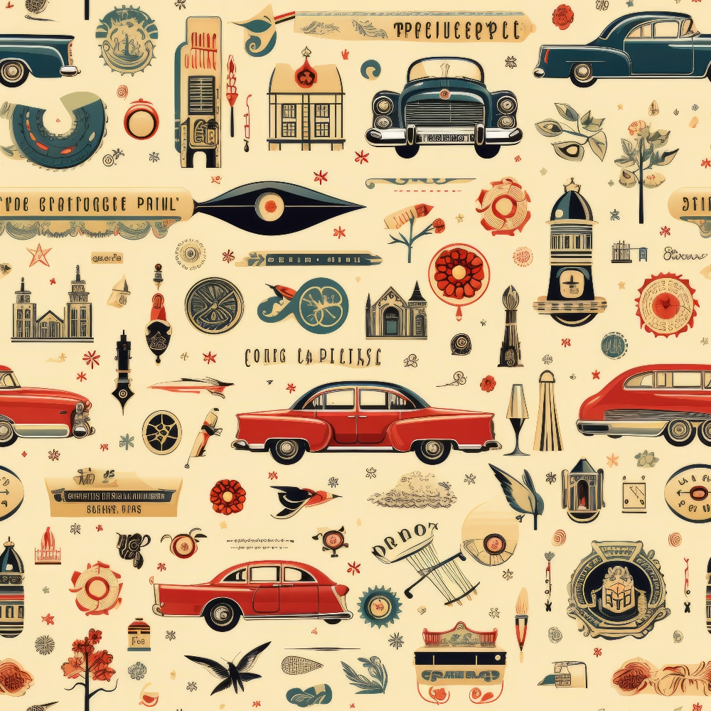 vintage cars, red automobiles, blue vehicles, cream background, retro patterns, mid-century modern, nostalgic imagery,, fabric panel, antique motifs, geometric shapes, decorative elements, botanical designs, architectural buildings, compass roses, vintage emblems, warm color palette, collectible themed, repetitive pattern, crafting material