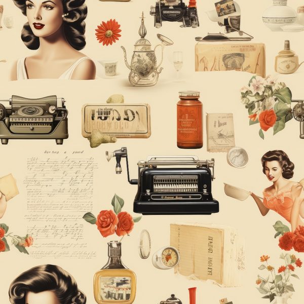 vintage inspired, antique objects, retro women, pin-up style, typewriters, teapots, perfume bottles, handwritten letters, coral roses, cream background, beige tones, orange accents, 1940s fashion, nostalgic imagery,, fabric panel, sepia tones, floral elements, vintage machinery, retro glamour