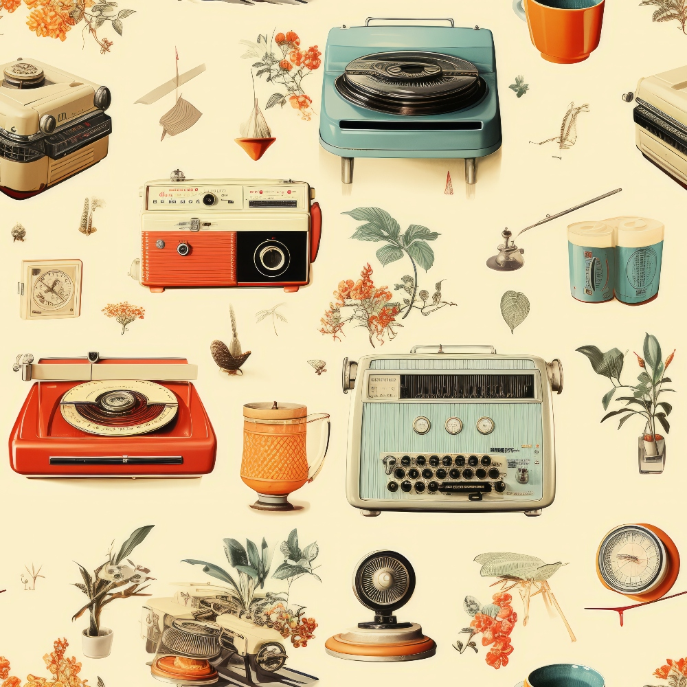 vintage electronics, retro appliances, record players, typewriter, camera, turquoise, orange, cream background, botanical illustrations, floral motifs, leaves,, fabric panel, mid-century modern, nostalgic items, antique objects, seamless pattern, crafting fabric, sewing material