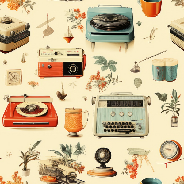 vintage electronics, retro appliances, record players, typewriter, camera, turquoise, orange, cream background, botanical illustrations, floral motifs, leaves,, fabric panel, mid-century modern, nostalgic items, antique objects, seamless pattern, crafting fabric, sewing material