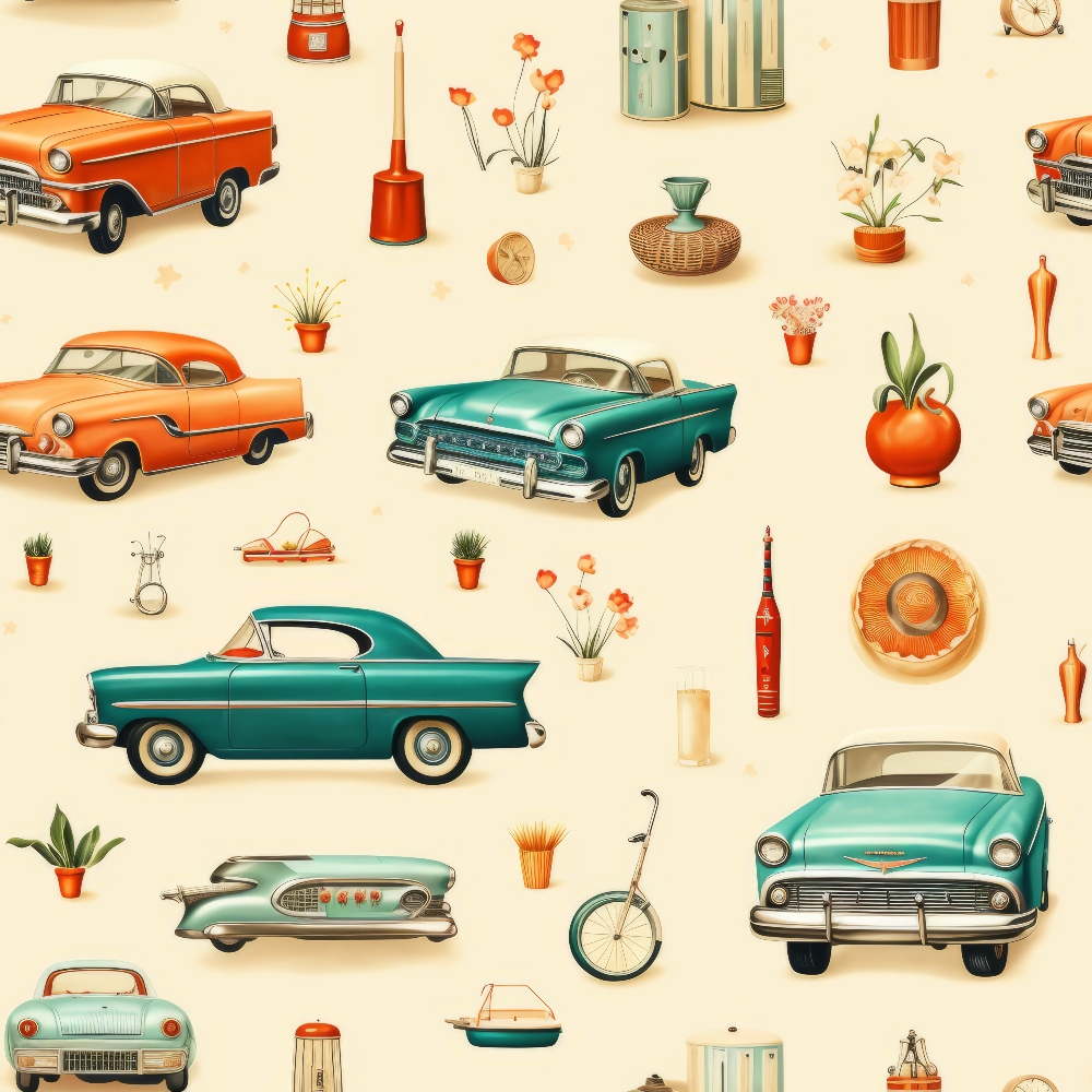 vintage cars, retro automobiles, 1950s style, orange, turquoise, teal, cream background, household objects, mid-century modern, nostalgic pattern,, fabric panel, plants, flowers, decorative items, seamless repeat, retro design, vintage collectibles, antique style, cotton fabric