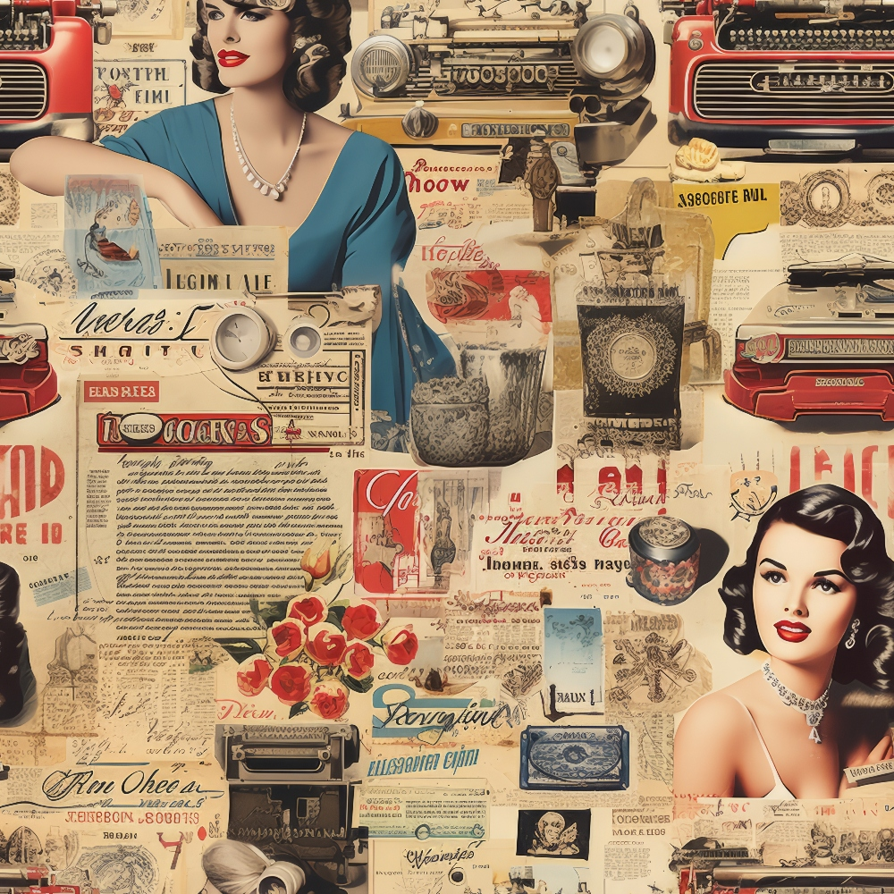 vintage collage, pin-up women, retro radios, typewriters, newspaper clippings, red roses, beige background, cream tones, crimson red, teal blue, antique advertisements, 1940s style, nostalgic imagery,, fabric panel, sepia tones, mixed media design, retro glamour, vintage ephemera, crafting material