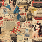 vintage collage, pin-up women, retro radios, typewriters, newspaper clippings, red roses, beige background, cream tones, crimson red, teal blue, antique advertisements, 1940s style, nostalgic imagery,, fabric panel, sepia tones, mixed media design, retro glamour, vintage ephemera, crafting material