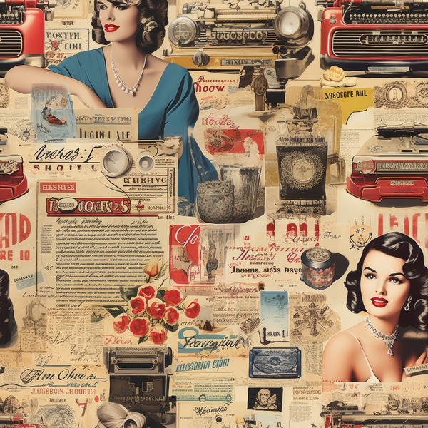 vintage collage, pin-up women, retro radios, typewriters, newspaper clippings, red roses, beige background, cream tones, crimson red, teal blue, antique advertisements, 1940s style, nostalgic imagery,, fabric panel, sepia tones, mixed media design, retro glamour, vintage ephemera, crafting material