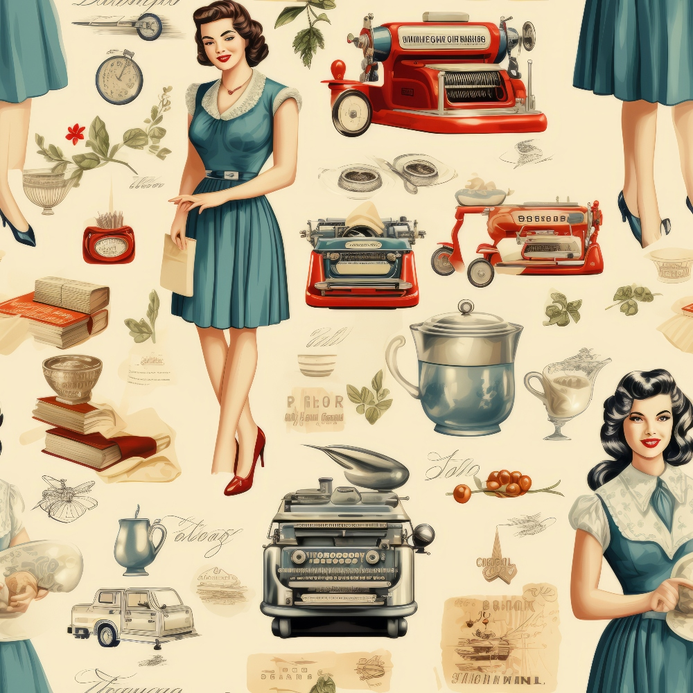 vintage women, retro style, 1950s fashion, typewriters, kitchen appliances, teapots, books, floral elements, teal blue, cream background, red accents, pin-up girls, household items, nostalgic imagery,, fabric panel, antique objects, mid-century modern, domestic scenes, cooking utensils