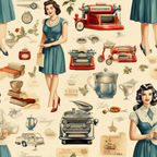 vintage women, retro style, 1950s fashion, typewriters, kitchen appliances, teapots, books, floral elements, teal blue, cream background, red accents, pin-up girls, household items, nostalgic imagery,, fabric panel, antique objects, mid-century modern, domestic scenes, cooking utensils
