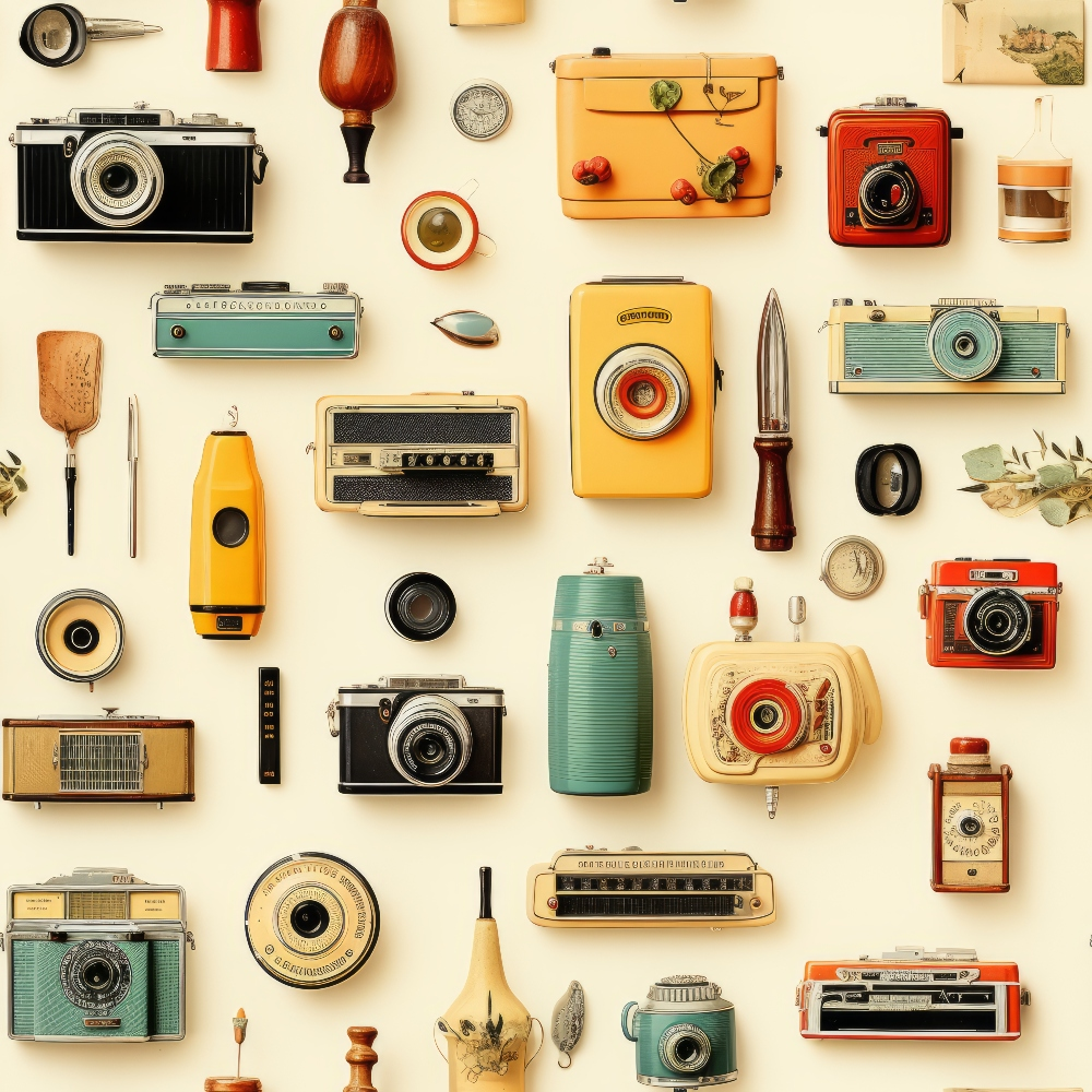 vintage cameras, antique radios, retro electronics, beige background, orange accents, teal blue, red details, yellow tones, nostalgic objects, mid-century items, old-fashioned appliances,, fabric panel, retro pattern, vintage collection, antique treasures, cream colored, rustic brown, turquoise green, retro aesthetic