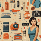 orange, teal, cream, beige, vintage appliances, retro kitchen items, 1950s woman, pin-up style, mid-century modern, household objects, radio, coffee maker, cooking utensils, bottles, nostalgic illustration, atomic age,, fabric panel, retro pattern, vintage advertising style