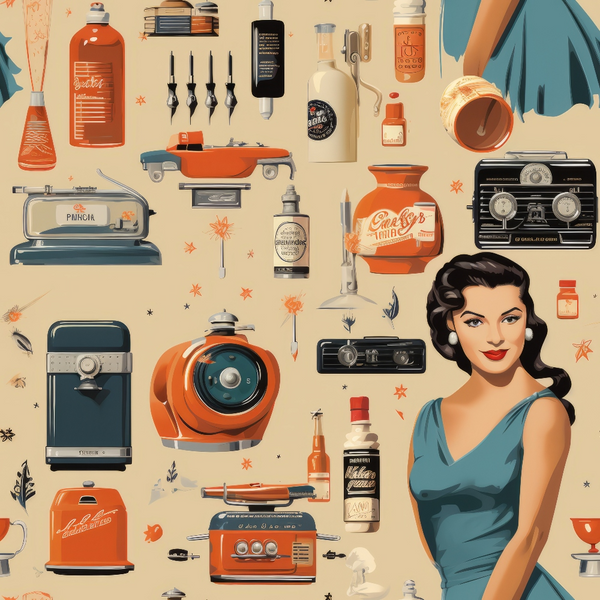 orange, teal, cream, beige, vintage appliances, retro kitchen items, 1950s woman, pin-up style, mid-century modern, household objects, radio, coffee maker, cooking utensils, bottles, nostalgic illustration, atomic age,, fabric panel, retro pattern, vintage advertising style