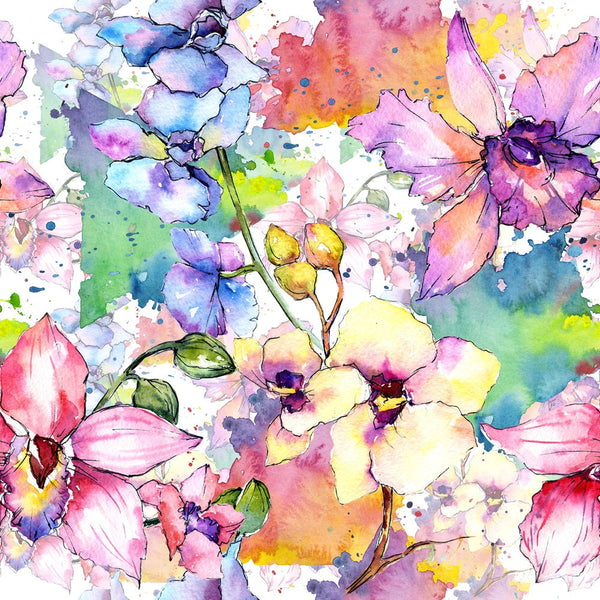 watercolor orchids, floral pattern, purple flowers, pink blooms, blue petals, yellow centers, green leaves, aquarelle style, botanical design, vibrant colors, soft pastels, artistic florals,, fabric panel, nature motifs, garden flowers, delicate petals, flowing design, spring blooms, colorful blossoms