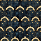 navy blue, gold, midnight blue, art deco, geometric arches, starry night, celestial stars, fan motifs, repeating pattern,, fabric panel, luxurious, ornate design, arabian nights, decorative arches, starfield, radial sunburst, elegant curves, metallic gold accents, nighttime theme