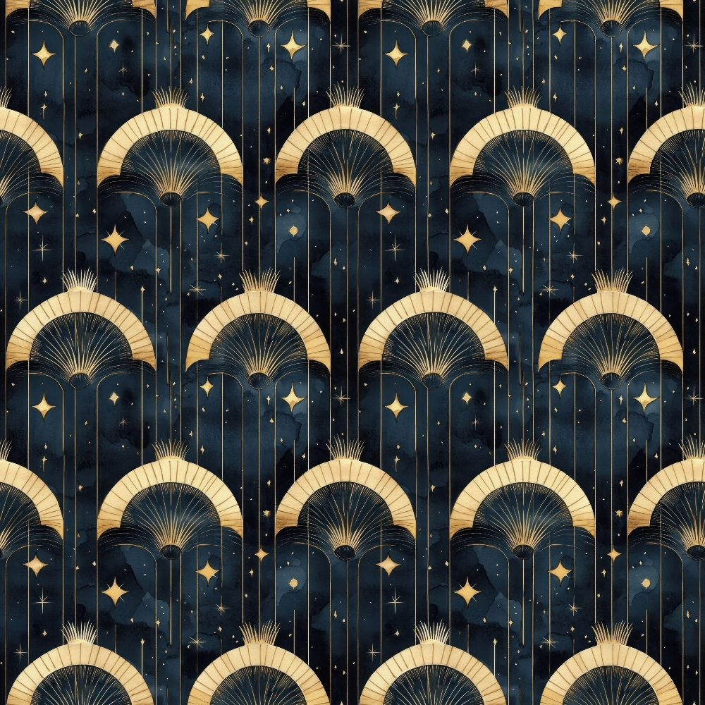 navy blue, gold, midnight blue, art deco, geometric arches, starry night, celestial stars, fan motifs, repeating pattern,, fabric panel, luxurious, ornate design, arabian nights, decorative arches, starfield, radial sunburst, elegant curves, metallic gold accents, nighttime theme