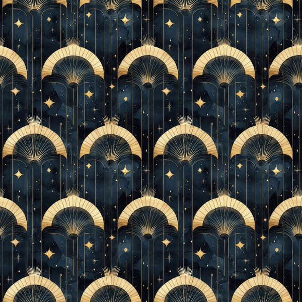 navy blue, gold, midnight blue, art deco, geometric arches, starry night, celestial stars, fan motifs, repeating pattern,, fabric panel, luxurious, ornate design, arabian nights, decorative arches, starfield, radial sunburst, elegant curves, metallic gold accents, nighttime theme