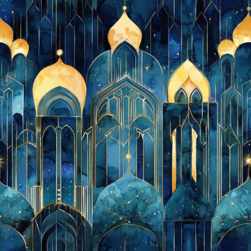 navy blue, deep blue, golden yellow, starry night, islamic architecture, mosque domes, ornate arches, geometric patterns, celestial theme,, fabric panel, arabian nights, midnight blue, constellation stars, decorative spires, layered design, mystical atmosphere, architectural silhouettes, cosmic background, metallic accents