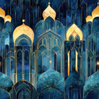 navy blue, deep blue, golden yellow, starry night, islamic architecture, mosque domes, ornate arches, geometric patterns, celestial theme,, fabric panel, arabian nights, midnight blue, constellation stars, decorative spires, layered design, mystical atmosphere, architectural silhouettes, cosmic background, metallic accents