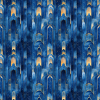 deep blue, navy blue, gold accents, starry night, arabian arches, islamic architecture, mosque silhouettes, celestial pattern, night sky, geometric shapes, middle eastern design, ornate doorways, cosmic theme,, fabric panel, mystical atmosphere, architectural motifs, midnight blue, golden highlights, repeating pattern