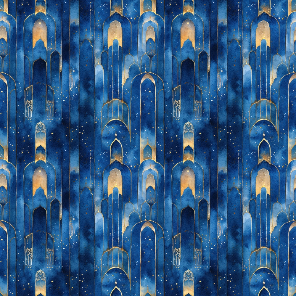 deep blue, navy blue, gold accents, starry night, arabian arches, islamic architecture, mosque silhouettes, celestial pattern, night sky, geometric shapes, middle eastern design, ornate doorways, cosmic theme,, fabric panel, mystical atmosphere, architectural motifs, midnight blue, golden highlights, repeating pattern