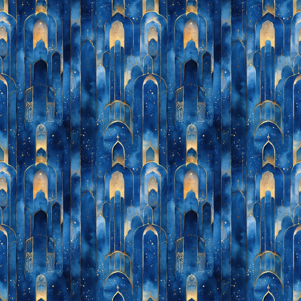 deep blue, navy blue, gold accents, starry night, arabian arches, islamic architecture, mosque silhouettes, celestial pattern, night sky, geometric shapes, middle eastern design, ornate doorways, cosmic theme,, fabric panel, mystical atmosphere, architectural motifs, midnight blue, golden highlights, repeating pattern