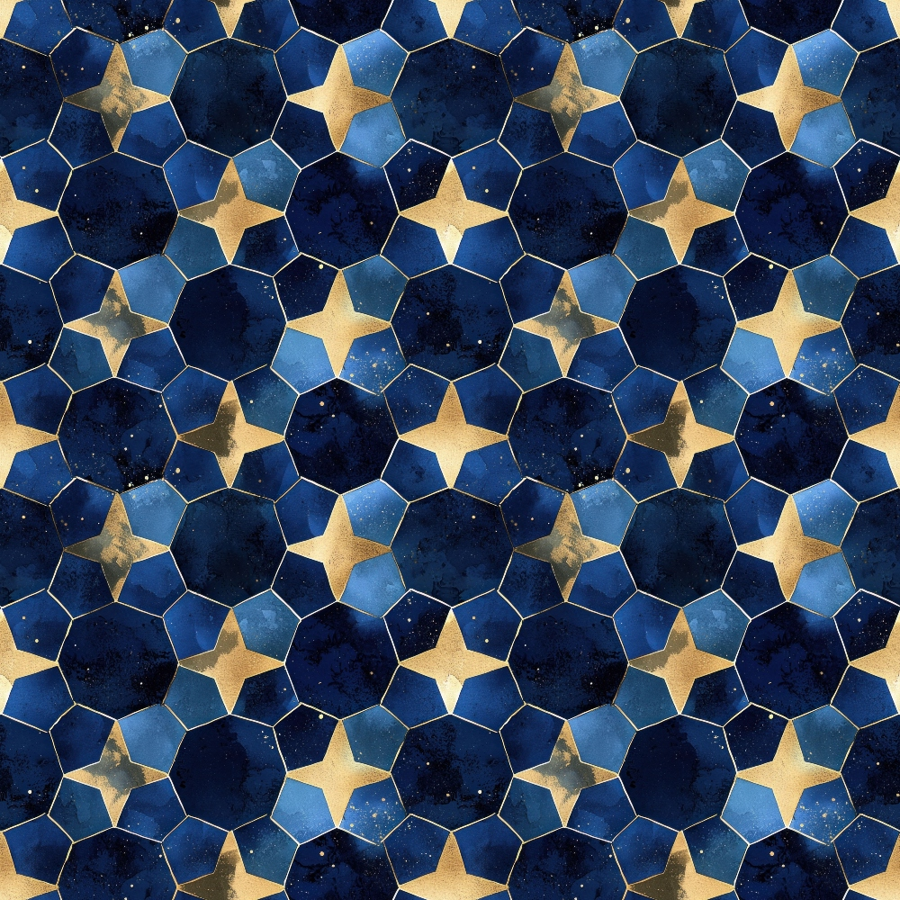 midnight blue, navy blue, gold stars, geometric pattern, hexagonal shapes, arabian nights, celestial design, starry night, mosaic tiles, islamic geometry,, fabric panel, deep blue, metallic gold, tessellation, middle eastern, astronomical theme, honeycomb structure, cosmic pattern, decorative stars