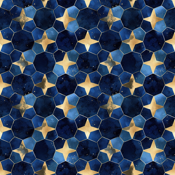 midnight blue, navy blue, gold stars, geometric pattern, hexagonal shapes, arabian nights, celestial design, starry night, mosaic tiles, islamic geometry,, fabric panel, deep blue, metallic gold, tessellation, middle eastern, astronomical theme, honeycomb structure, cosmic pattern, decorative stars