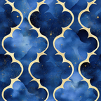 navy blue, deep blue, gold, cream, quatrefoil pattern, moroccan tiles, arabian design, geometric shapes, starry night, celestial, watercolor texture, midnight sky, islamic motifs, ornamental,, fabric panel, dreamy atmosphere, elegant curves, sophisticated pattern, luxurious feel
