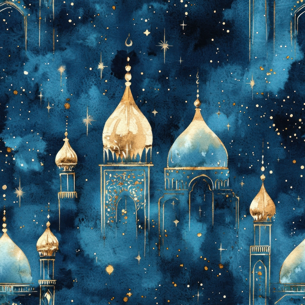 midnight blue, navy blue, gold accents, white stars, onion domes, mosque architecture, middle eastern, arabian nights, celestial pattern, starry sky, islamic architecture, minarets, crescent moon, watercolor style, mystical atmosphere,, fabric panel, night sky, constellation design, ornate details