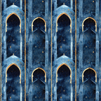 deep blue, navy blue, gold accents, starry night, islamic arches, moorish architecture, celestial stars, night sky, geometric patterns, arabian design,, fabric panel, mystical atmosphere, ornate doorways, cosmic theme, azure blue, repeating motifs, architectural elements, middle eastern style, ethereal mood