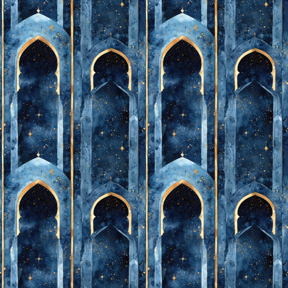 deep blue, navy blue, gold accents, starry night, islamic arches, moorish architecture, celestial stars, night sky, geometric patterns, arabian design,, fabric panel, mystical atmosphere, ornate doorways, cosmic theme, azure blue, repeating motifs, architectural elements, middle eastern style, ethereal mood