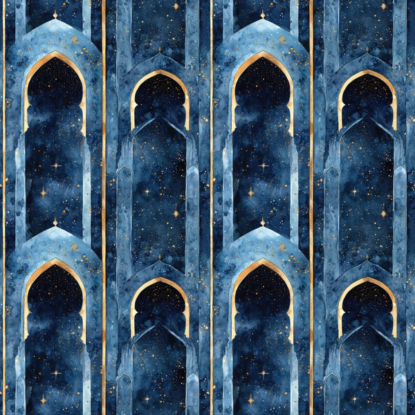 deep blue, navy blue, gold accents, starry night, islamic arches, moorish architecture, celestial stars, night sky, geometric patterns, arabian design,, fabric panel, mystical atmosphere, ornate doorways, cosmic theme, azure blue, repeating motifs, architectural elements, middle eastern style, ethereal mood
