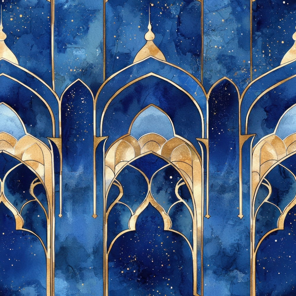 navy blue, deep blue, gold, watercolor, islamic architecture, mosque domes, pointed arches, geometric patterns, arabian design, starry night, celestial, ornate details, middle eastern,, fabric panel, mystical, elegant arches, decorative columns, night sky, golden accents