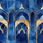 navy blue, deep blue, gold, watercolor, islamic architecture, mosque domes, pointed arches, geometric patterns, arabian design, starry night, celestial, ornate details, middle eastern,, fabric panel, mystical, elegant arches, decorative columns, night sky, golden accents