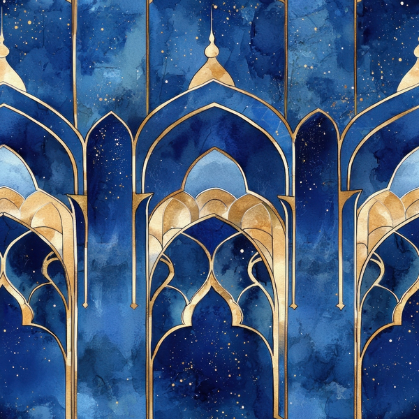 navy blue, deep blue, gold, watercolor, islamic architecture, mosque domes, pointed arches, geometric patterns, arabian design, starry night, celestial, ornate details, middle eastern,, fabric panel, mystical, elegant arches, decorative columns, night sky, golden accents