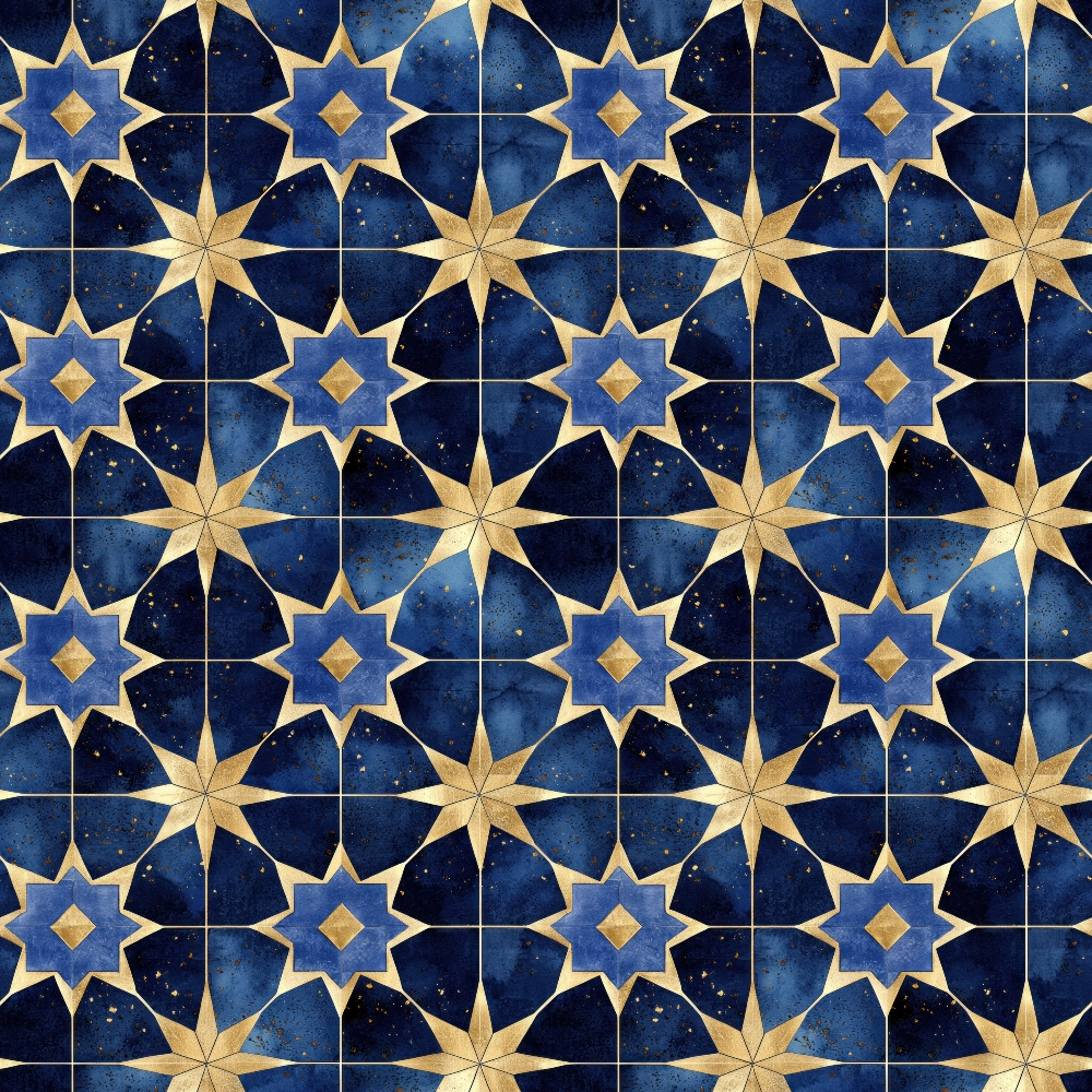 navy blue, deep blue, gold, golden yellow, star pattern, geometric design, islamic motifs, arabian style, ornate stars, repeating pattern, celestial theme, midnight blue, decorative tiles, moorish design,, fabric panel, starry night, intricate geometry, luxurious pattern, regal colors