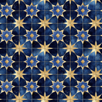 navy blue, deep blue, gold, golden yellow, star pattern, geometric design, islamic motifs, arabian style, ornate stars, repeating pattern, celestial theme, midnight blue, decorative tiles, moorish design,, fabric panel, starry night, intricate geometry, luxurious pattern, regal colors