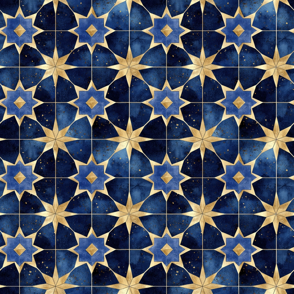 navy blue, deep blue, gold, golden yellow, star pattern, geometric design, islamic motifs, arabian style, ornate stars, repeating pattern, celestial theme, midnight blue, decorative tiles, moorish design,, fabric panel, starry night, intricate geometry, luxurious pattern, regal colors