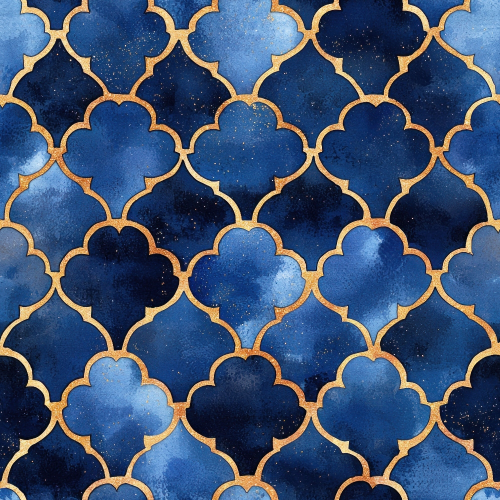 navy blue, deep blue, royal blue, gold accents, moroccan pattern, quatrefoil design, geometric shapes, arabian style, islamic motifs, watercolor effect, gradient blues, metallic gold, repeating pattern, ornate design, middle eastern, decorative tiles, luxury fabric,, fabric panel, elegant pattern